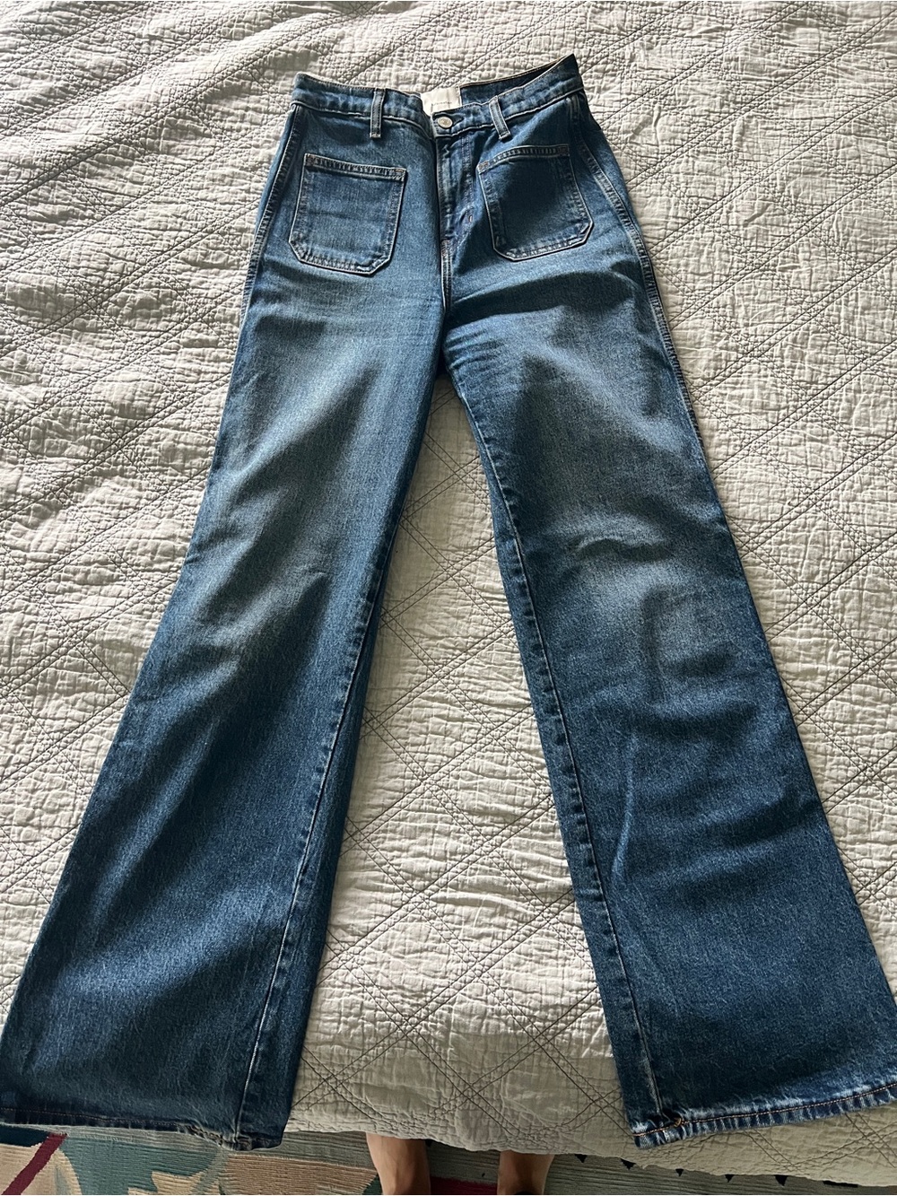 Reformation Alyssa Stretch High Rise Wide Leg Long Jeans size 26 patch pockets - Picture 7 of 10